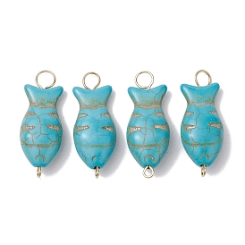 Synthetic Turquoise Fish Connector Charms, with Golden Plated Iron Double Loops