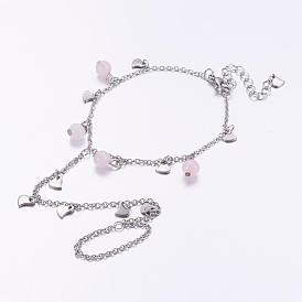 304 Stainless Steel Charm Bracelets, Heart, with 316 Surgical Stainless Steel Cable Chains and Rose Quartz