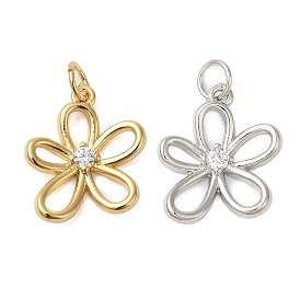 Rack Plating Brass & Clear Cubic Zirconia  Pendants, Cadmium Free & Lead Free, Long-Lasting Plated, Flower, with Jump Ring