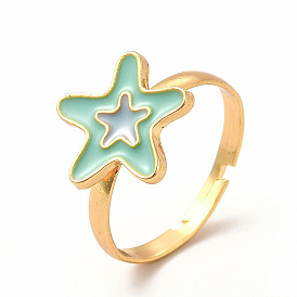 Aquamarine Enamel Starfish Adjustable Ring, Rack Plating Alloy Jewelry for Women, Nickel Free