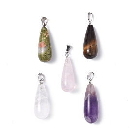 Pendentifs pierres précieuses naturelles mixtes, charmes de larme, avec les accessoires en laiton de tonalité de platine