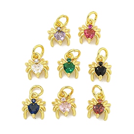 Rack Plating Brass Micro Pave Cubic Zirconia Spider Charms, Long-Lasting Plated, Cadmium Free & Lead Free, Real 18K Gold Plated