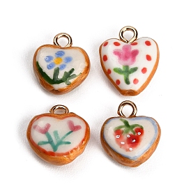 Handmade Porcelain with Brass Pendants, Heart Charms, Hand Painted, Famille Rose Porcelain, Golden