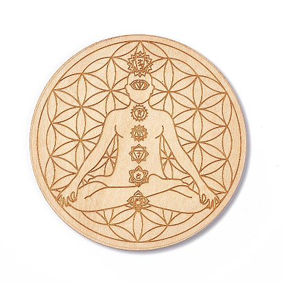 Wooden Carved Cup Mats, Heat Resistant Pot Mats, Tarot Theme Pendulum Board, for Home Kitchen, Flat Round with Chakra Theme/Pentagram/Butterfly/Metatron's Cube Geometrical Pattern