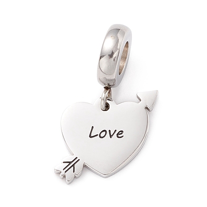 304 Stainless Steel European Dangle Charms, Large Hole Pendants, Heart with Arrow & Word Love
