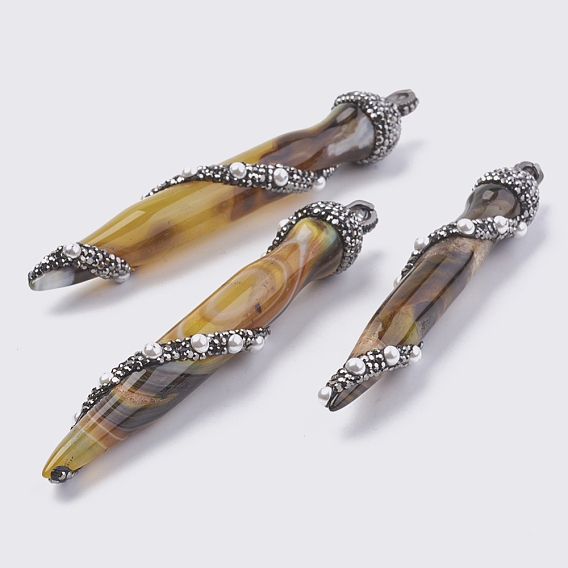 Натуральные агатовые крупные заостренные подвески, с полимерной глины горный хрусталь и выводы из латуни, с акриловой жемчужины, пуля