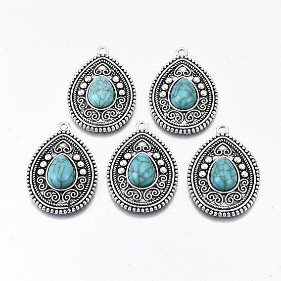 Сплавочные подвески тибетского стиля, с синтетическими бирюзовый, без кадмия, без никеля и без свинца, слеза