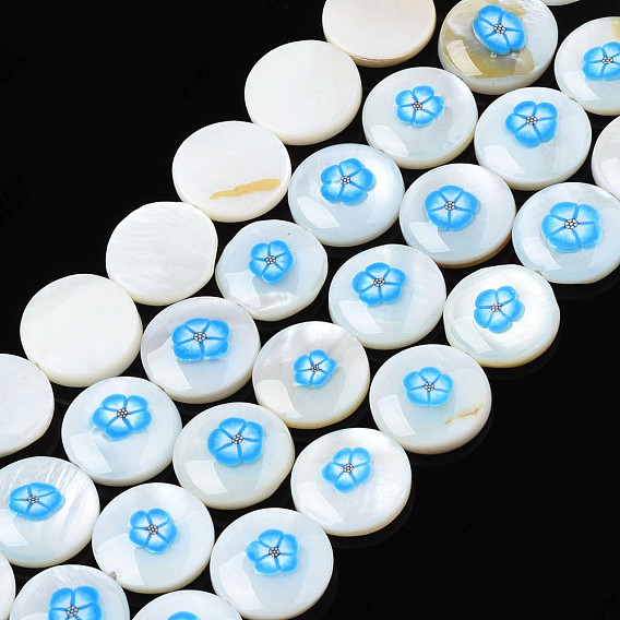 Natural Freshwater Shell Enamel Beads, Flat Round with Flower