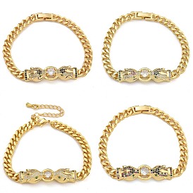 Brass Micro Pave Cubic Zirconia Bracelets, with Glass, Real 18K Gold Plated, Leopard