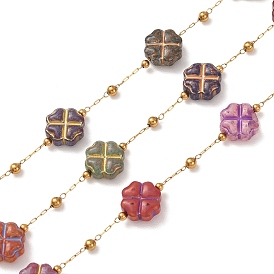 Brass & Handmade Lampwork & Steel Beaded Chain, Four Leaf Clover, Soldered, with Spool