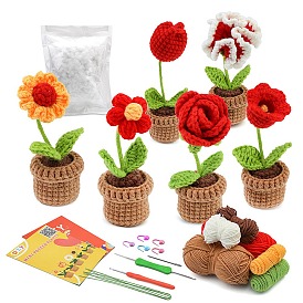 DIY 6 Style Flower Planter Display Decoration Crochet Kit, Including Manual Booklet, Wool Yarn, Needle, Fiber Filler, Support Wire, Random Color Crochet Hook & Stitch Marker