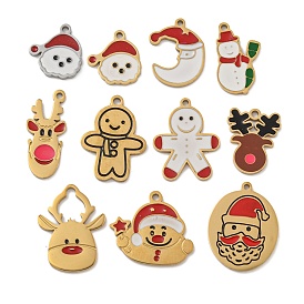 Christmas Theme 304 Stainless Steel Pendants, with Enamel, Real 14K Gold Plated, Snowman/Santa Claus/Gingerbread Man/Moon/Deer