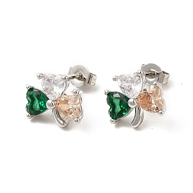 Rack Plating Brass Micro Pave Cubic Zirconia Stud Earrings, Long-Lasting Plated Clover Jewelry for Women, Cadmium Free & Lead Free