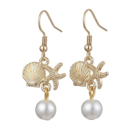 Starfish and Shell Shape Alloy Dangle Earrings, Glass Pearl Drop Earrings