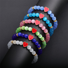 Natural Stone Bracelet with European and American Green Cat's Eye Beads - Heart-Shaped Design