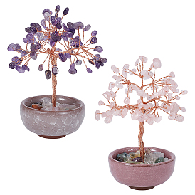 2 шт. 2 стили натуральные драгоценные камни, украшения в виде дерева жизни, фарфоровая основа с медной проволокой, фен-шуй энергетический камень подарок для домашнего офиса украшение рабочего стола