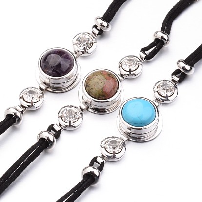 Faux Suede Snap Bracelets, with Gemstone Snap Buttons, Platinum, Flat Round