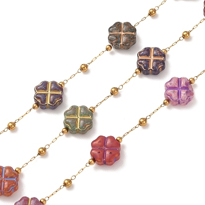 Brass & Handmade Lampwork & Steel Beaded Chain, Four Leaf Clover, Soldered, with Spool