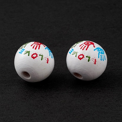 Printed Natural Wood European Beads, Large Hole Bead, Round with Palm