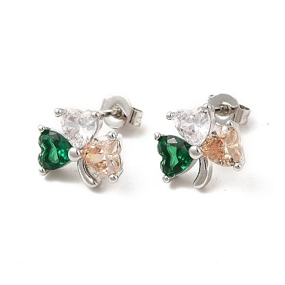 Rack Plating Brass Micro Pave Cubic Zirconia Stud Earrings, Long-Lasting Plated Clover Jewelry for Women, Cadmium Free & Lead Free