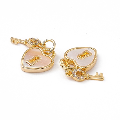 Natural Shell Heart Charms with Key, with Brass Clear Cubic Zirconia Findings