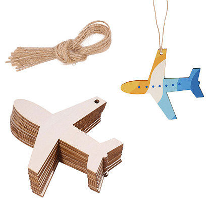 50Pcs Unfinished Wood Airplane Pendants, DIY Craft Ornaments with Jute Twine