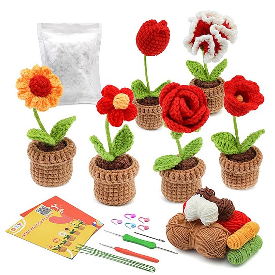 DIY 6 Style Flower Planter Display Decoration Crochet Kit, Including Manual Booklet, Wool Yarn, Needle, Fiber Filler, Support Wire, Random Color Crochet Hook & Stitch Marker