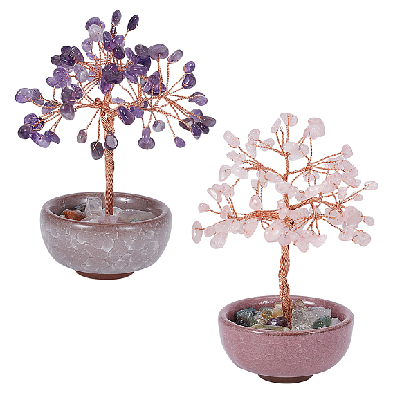 2 шт. 2 стили натуральные драгоценные камни, украшения в виде дерева жизни, фарфоровая основа с медной проволокой, фен-шуй энергетический камень подарок для домашнего офиса украшение рабочего стола