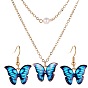 Light Gold Alloy Butterfly Jewelry Set with Plastic Pearl, Enamel Pendant Necklace and Dangle Earrings