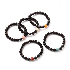 Stretch Beaded Bracelets, with Round Natural Wood Beads, Non-Magnetic Synthetic Hematite Beads