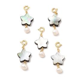 Natural Paua Shell Star Brass Spring Ring Clasps Charms, with Natural Pearl Round Beads