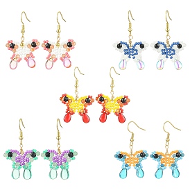 Драгоценный камень болтаются серьги, со стеклянными бусинами и 304 крючками для сережек из нержавеющей стали, бабочка