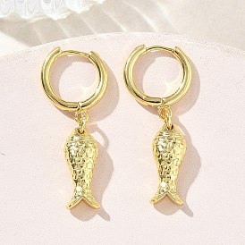 Латунные серьги-кольца для женщин, рыба, стойки покрытие, долговечный, без свинца и без кадмия