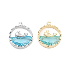 Brass Inlay Glass Pendants, Flat Round with Whale