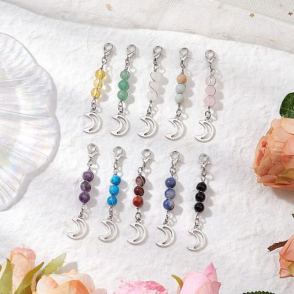 10 шт. круглые подвески из натуральных и синтетических смешанных драгоценных камней, с подвесками в виде луны из сплава и застежками-клешнями лобстера