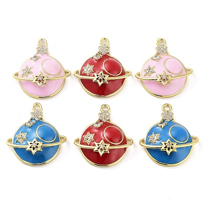 Brass Micro Pave Clear Cubic Zirconia Pendants, with Enamel, Real 18K Gold Plated, Planet Charms