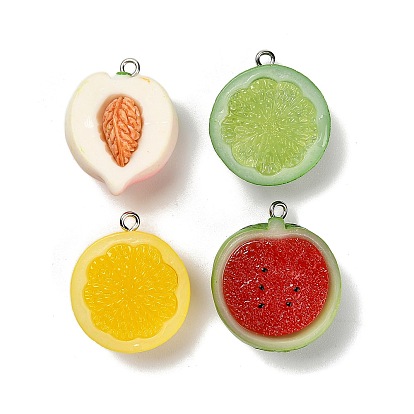 Непрозрачные подвески смолы, фрукты, с платиновыми тоновыми железными петлями