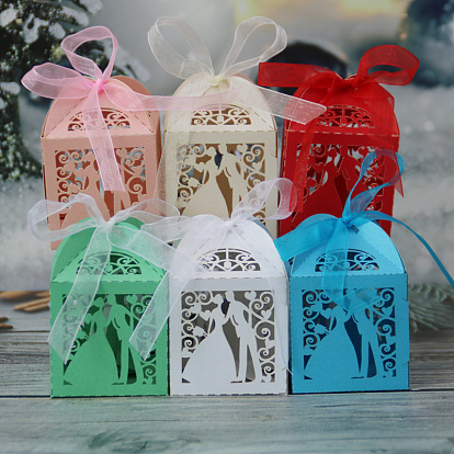 Boîtes à bonbons pliantes en carton, boîte d'emballage de cadeau de mariage, avec ruban, rectangle