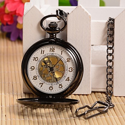 Openable Flat Round Alloy Pendant Pocket Watch, Quartz Watches, with Iron Chain, 355mm, Watch: 59x47x14mm