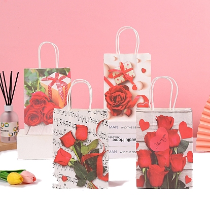12шт. бумажные упаковочные пакеты с принтом в виде цветка розы, с ручкой, на день Святого Валентина