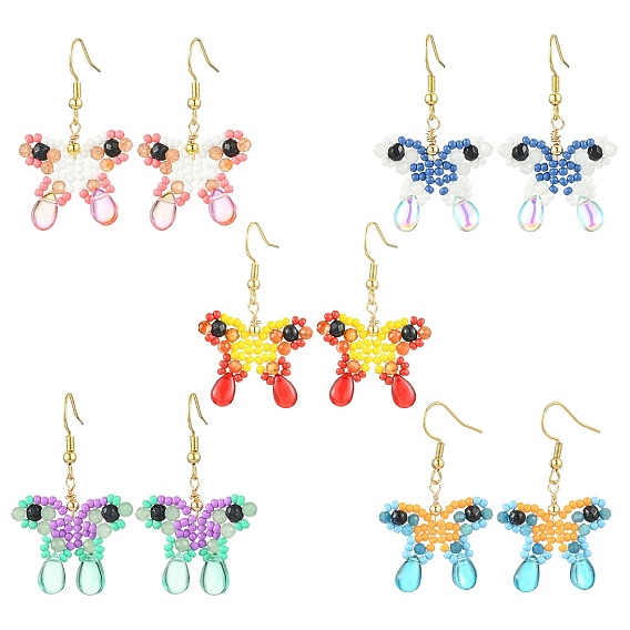 Драгоценный камень болтаются серьги, со стеклянными бусинами и 304 крючками для сережек из нержавеющей стали, бабочка