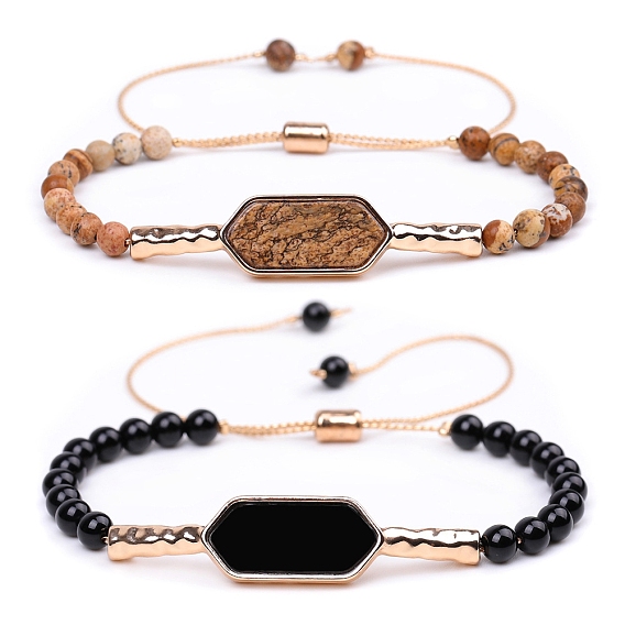 Natural Mixed Gemstone Hexagon Link Bracelet, Braided Bead Adjustable Bracelet