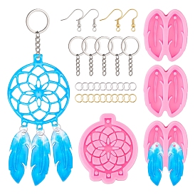 SUNNYCLUE DIY Keychain & Earring Epoxy Resin Crafts, Including Woven Net/Web with Feather & Feather Silicone Moulds, Brass Earring Hooks & Open Jump Rings, Iron Split Key Rings