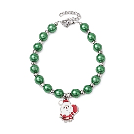 Christmas Theme Imitation Pearl Acrylic Bracelets for Women Girl, with Alloy Enamel Charms, Santa Claus