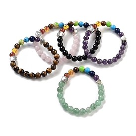 Chakra Round Natural Gemstone Beaded Stretch Bracelets, Paw Print Alloy Bracelets for Women