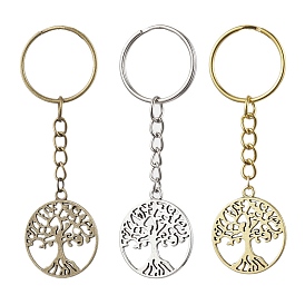 3Pcs 3 Colors Tibetan Style Alloy Keychains, with Iron Split Key Rings, Flat Round with Tree of Life