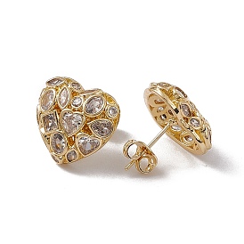 Clear Cubic Zironia Heart Stud Earrings, Rack Plating Brass Jewelry for Women, Lead Free & Cadmium Free
