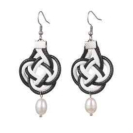 Chinese Knot Waxed Polyester Braided Dangle Earrings, Natural Pearl Drop Earrings