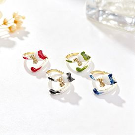 Anneaux ouverts de manchette en laiton à micro-pavé de zircone cubique, forme de chat, avec l'émail, or