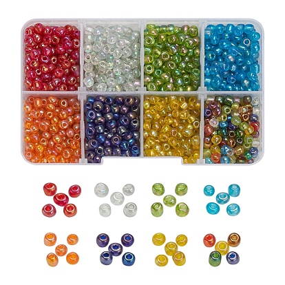 8 Colors Round Glass Seed Beads, Transparent Colours Rainbow, Round
